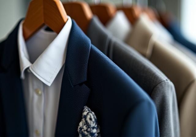 Close up of high quality fabric and tailored suits in a closet