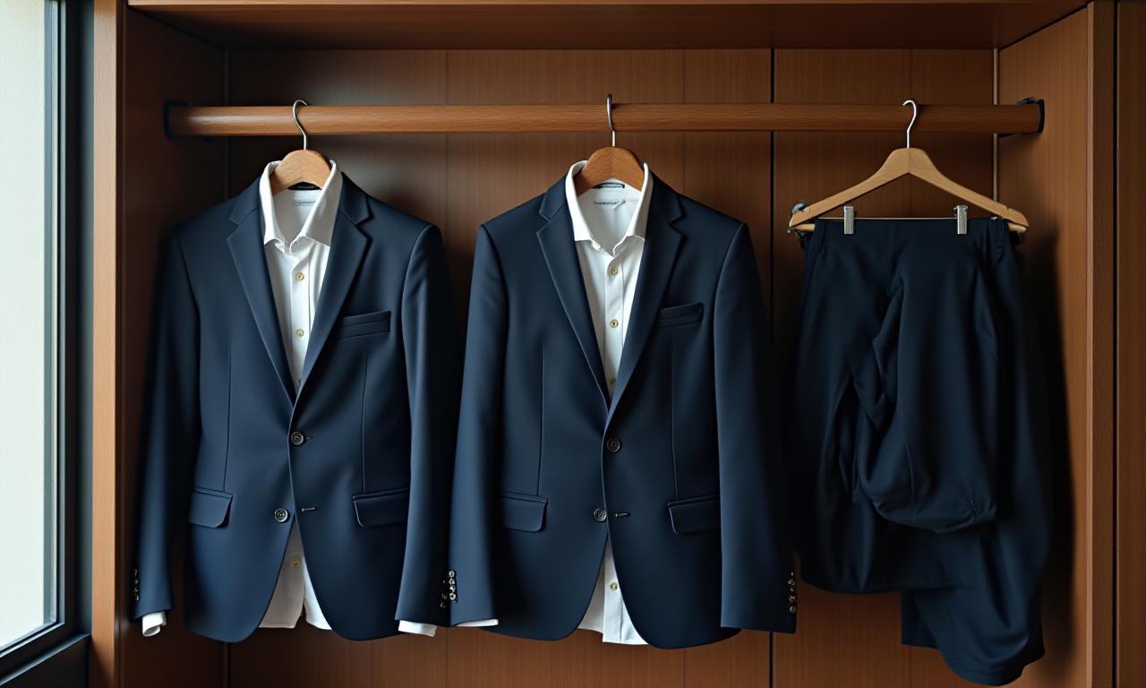 A curated collection of high-quality men's clothing hanging on a minimalist rack