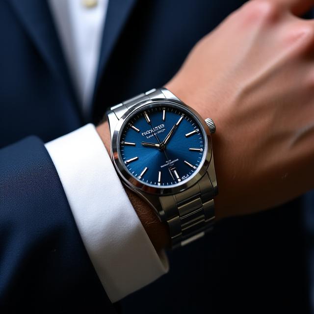 Close up of a gentleman's wrist wearing a silver timepiece with a navy suit cuff.