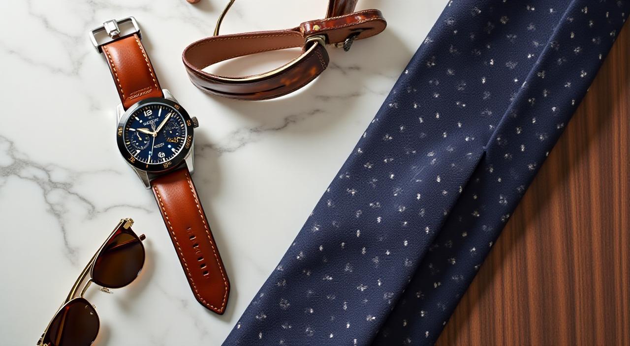 A sophisticated flatlay of luxury men's accessories including a watch, leather belt, and silk tie on a marble surface.