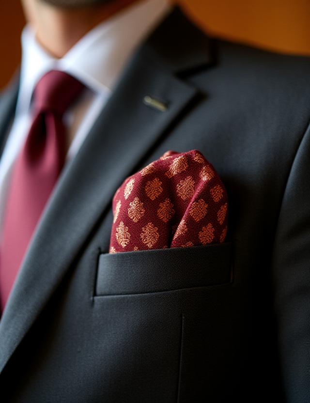 Detail shot of a silk pocket square folded neatly in a charcoal suit jacket pocket.